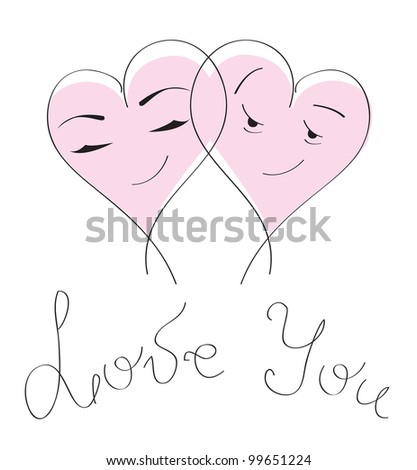 Valentines day card with love massage. Cute cartoon pink hearts couple on white background