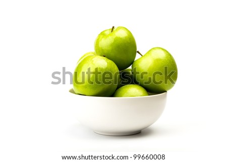 Green apple on plate isolated on white background