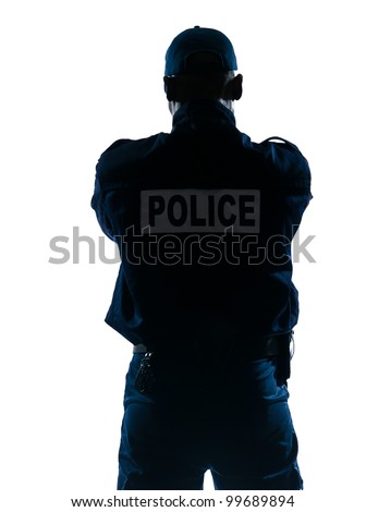 Rear view of an afro American police officer standing isolated on white isolated background