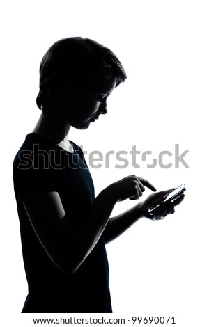 one caucasian young teenager silhouette boy or girl telephone videophone video game  portrait in studio cut out isolated on white background Royalty-Free Stock Photo #99690071