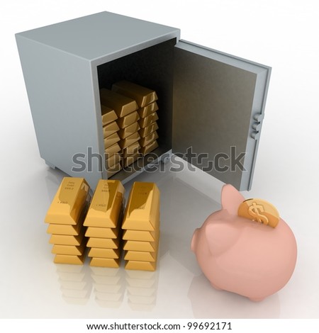 bullions and piggy bank in a security safe. 3d rendered illustration isolated on white background.