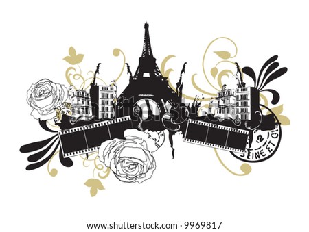 Illustration of a the Eiffel tower and decorative patterns