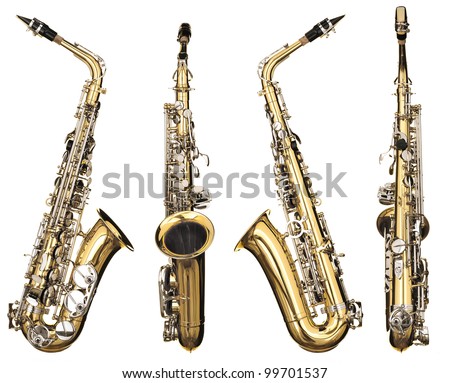 Four angles of a classical alto saxophone woodwind instrument Royalty-Free Stock Photo #99701537
