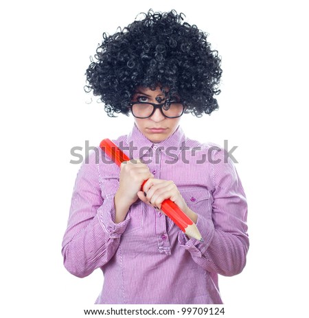 Funny schoolgirl with a big pen
