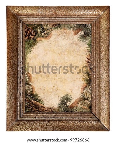 Golden nature picture frame with cones and branch. Isolated on white