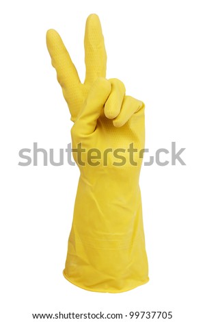 Hand in glove with a triumphant gesture on a white background