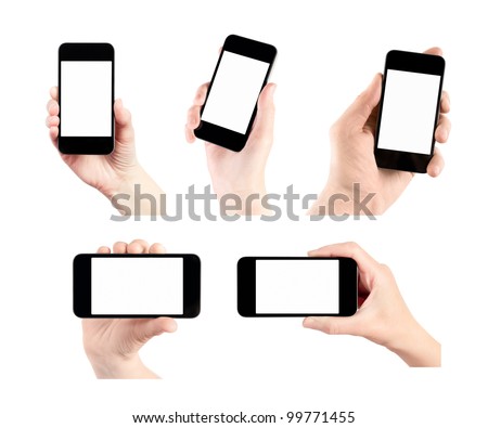 Hand holding mobile smart phone with blank screen. Set of 5 various photos. Isolated on white. Royalty-Free Stock Photo #99771455