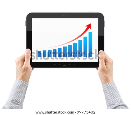 Man hands are holding the modern digital tablet pc with success growth chart on a screen. Isolated on white.