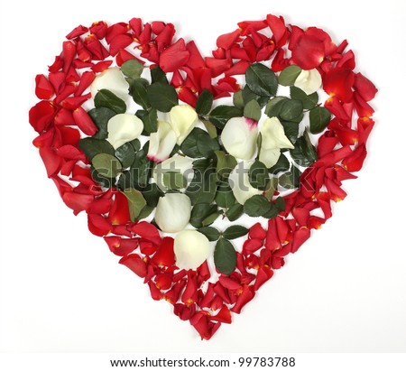 Heart shaped bouquet of red and white roses on white background