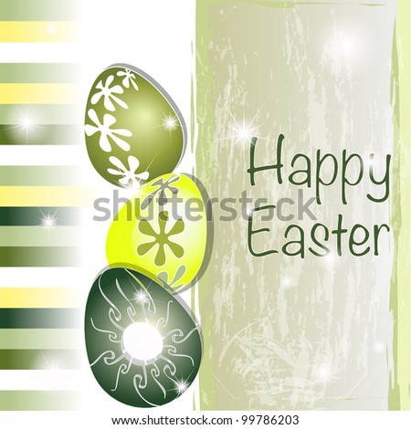 Green and yellow Easter card with original eggs and stripes