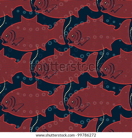 Abstract decorative textured fishes. Seamless pattern. Vector.