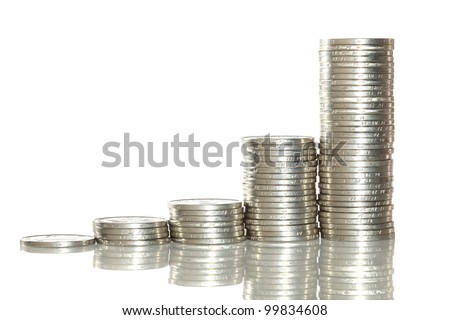 Chinese coin stacks showing growth, isolated on white