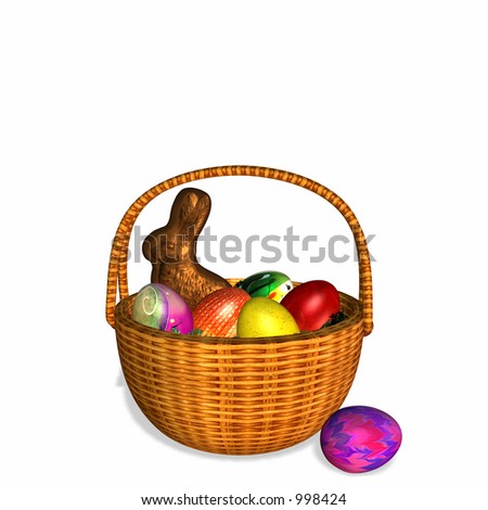 Easter basket filled with brightly colored eggs and a chocolate bunny rabbit