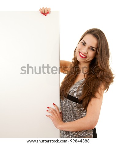 smiling teenage girl presenting something, white background