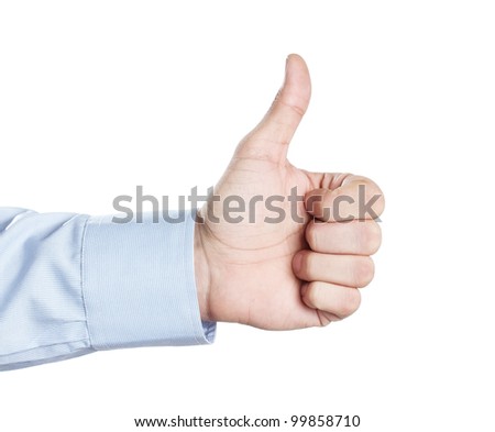 Male hand showing thumbs up or like symbol isolated on white background