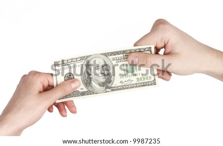 man and woman pulling the sides of a dollar bill; splitting profit, equal gains concept