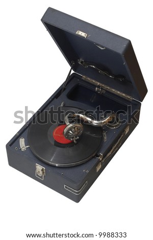 Sight at an old record player and plate from above on a white background