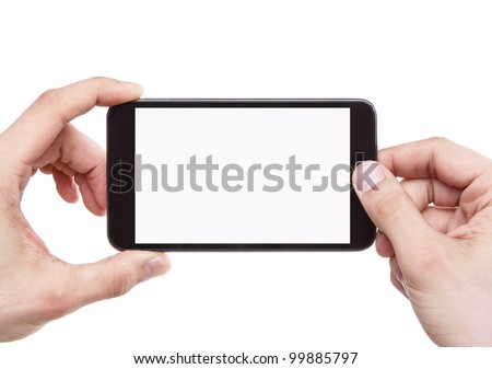 Taking photo with mobile smart phone isolated on white background with clipping path for the screen Royalty-Free Stock Photo #99885797