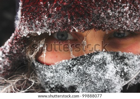 Closeup on a woman's frozen face. Icy face. Woman in winter. Face covered with ice.