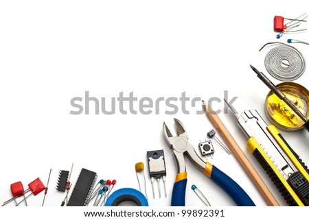 Set of electronic tools and components on white background Royalty-Free Stock Photo #99892391