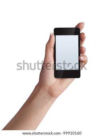 Cell phone with touchscreen in female hand on white background