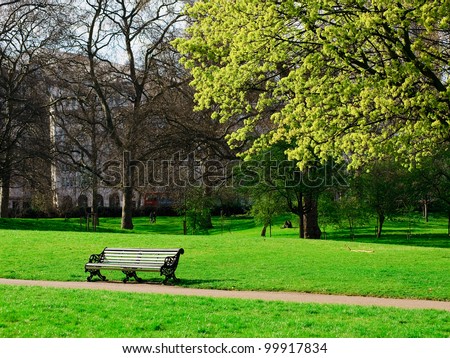 a bench in Hyde Park of London Royalty-Free Stock Photo #99917834