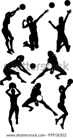 Vector Images of Female Volleyball Silhouettes Spiking and Setting Ball