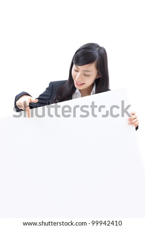 young beautiful woman pointing blank billboard, isolated on white background