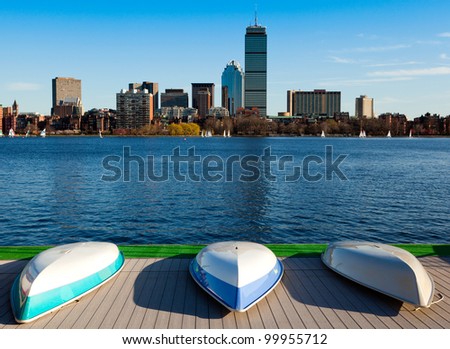 View of Boston in Massachusetts, USA by the Charles River bed on a sunny and warm spring day.