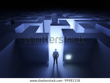 Business Challenge - A businessman at the entrance to a maze. Royalty-Free Stock Photo #99981158