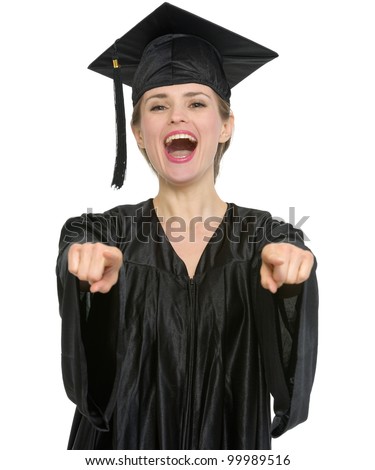 Graduation student woman pointing on you. HQ photo. Not oversharpened. Not oversaturated