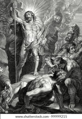Resurrection of Christ. Engraving by van Bolsvert from picture by Rubens. Published in magazine "Niva", publishing house A.F. Marx, St. Petersburg, Russia, 1899