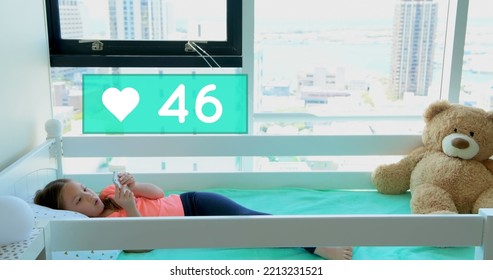 Image Of 46 Likes Over Caucasian Girl Using Smartphone In Hospital Bed. Health, Medicine, Social Media, Communication, Network And New Technology Concept.