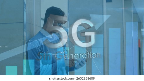 Image of 5g 5th generation text over arrow pointing up, statistics over man using tablet. Digital interface global connection and communication concept digitally generated image.