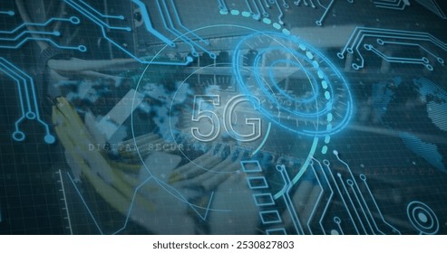 Image of 5g, data processing over caucasian female it engineer fixing cables of computer server. global connections, data processing and computing concept digitally generated image.