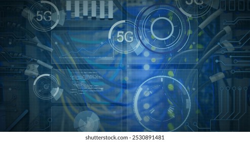 Image of 5g and data processing over computer wires. computers, network, data processing, technology and digital interface concept digitally generated image.
