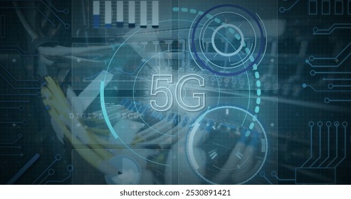Image of 5g diverse data processing on digital screen. data processing, technology and digital interface concept digitally generated image.