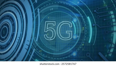 Image of 5g over data processing and scope scanning. Global technology, computing, online security and digital interface concept digitally generated image.