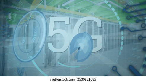Image of 5g and processing circles over servers. network, communication, data processing and technology concept digitally generated image.
