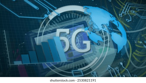 Image of 5g and processing circles over servers. network, communication, data processing and technology concept digitally generated image.