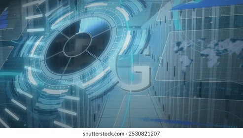 Image of 5g and processing circles over servers. network, communication, data processing and technology concept digitally generated image.