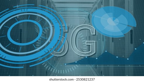 Image of 5g and processing circles over servers. network, communication, data processing and technology concept digitally generated image.