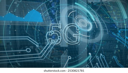 Image of 5g and processing circles over servers. network, communication, data processing and technology concept digitally generated image.