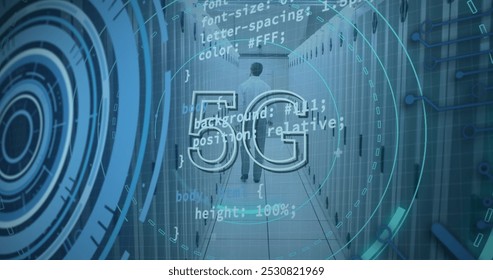 Image of 5g and processing circles over servers. network, communication, data processing and technology concept digitally generated image. - Powered by Shutterstock - Get 15% off with code: PIKWIZARD15