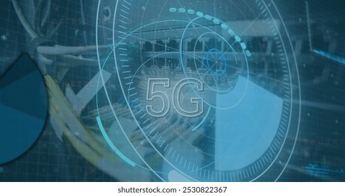 Image of 5g and processing circles over servers. network, communication, data processing and technology concept digitally generated image.
