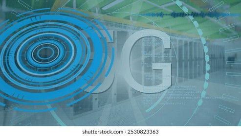 Image of 5g and processing circles over servers. network, communication, data processing and technology concept digitally generated image.