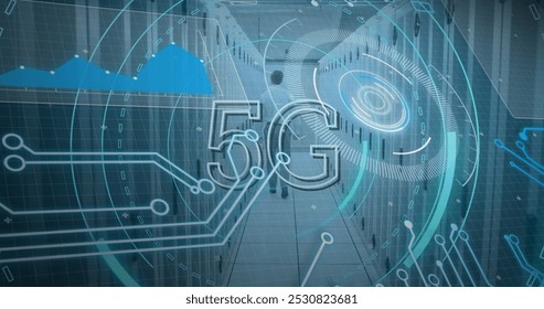 Image of 5g and processing circles over servers. network, communication, data processing and technology concept digitally generated image.