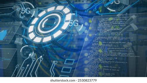 Image of 5g and processing circles over servers. network, communication, data processing and technology concept digitally generated image.
