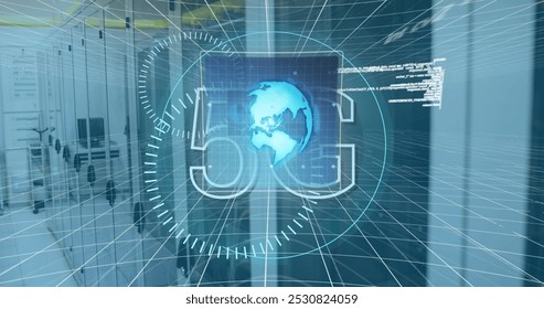 Image of 5g and processing circles over servers. network, communication, data processing and technology concept digitally generated image.