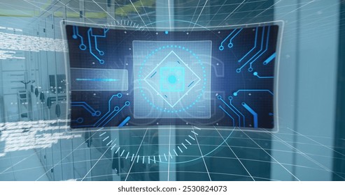 Image of 5g and processing circles over servers. network, communication, data processing and technology concept digitally generated image.